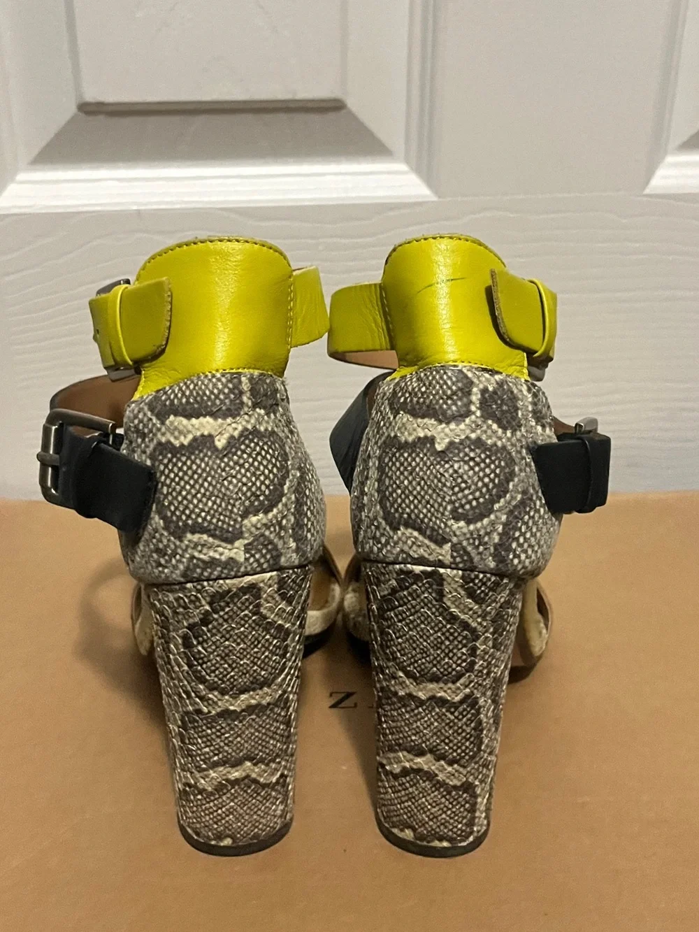 Zara Multicolor Leather & Snake-Print Ankle Strap Sandals Heels - Picture 6 of 9